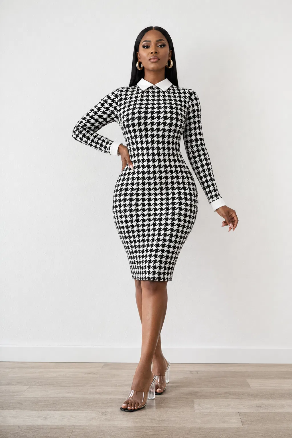 Houndstooth Collar Bodycon Dress