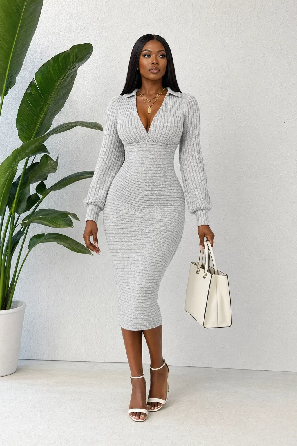 Grey Ribbed Knit V-Neck Midi Dress