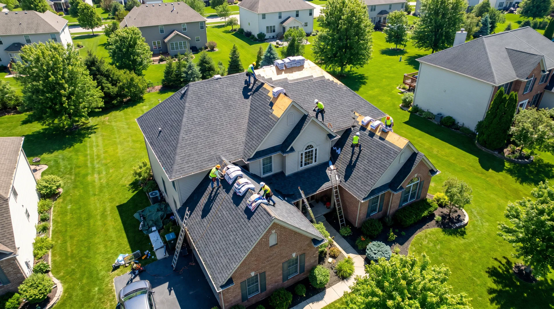 Roofing crew working on a residential roof
