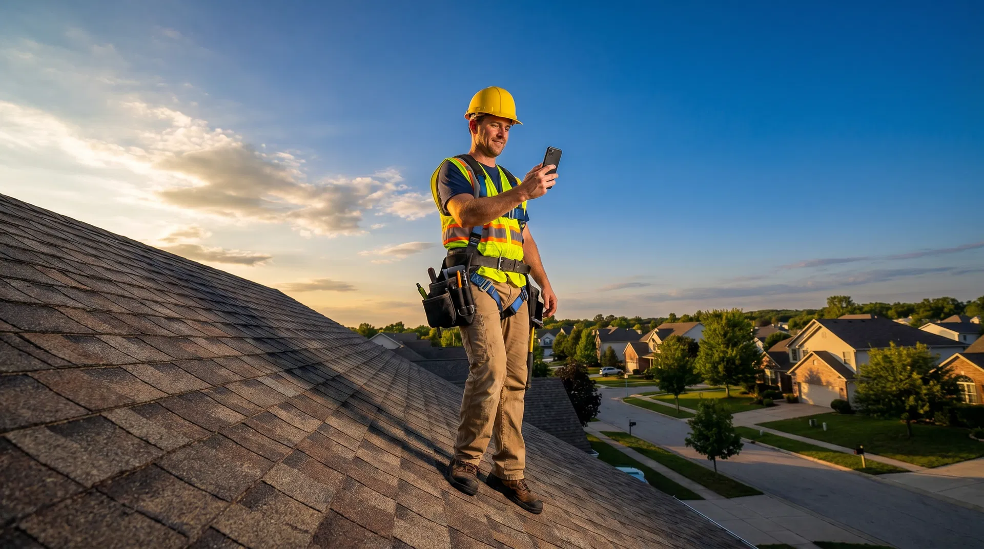 Roofer on roof getting a live call