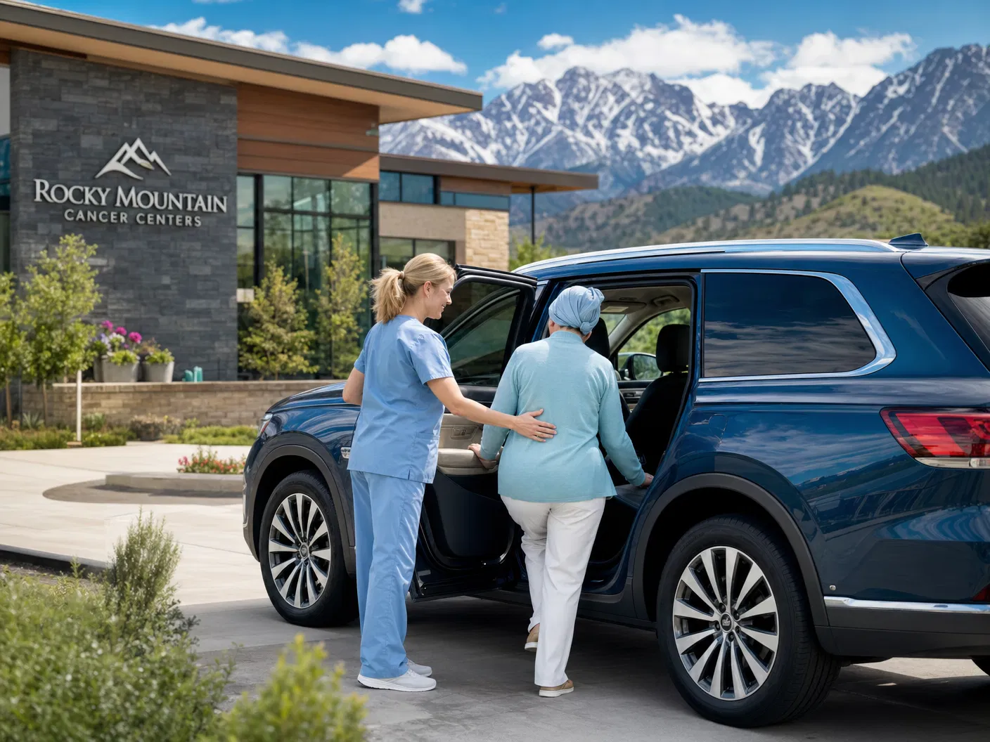 RN assisting patient into vehicle after procedure