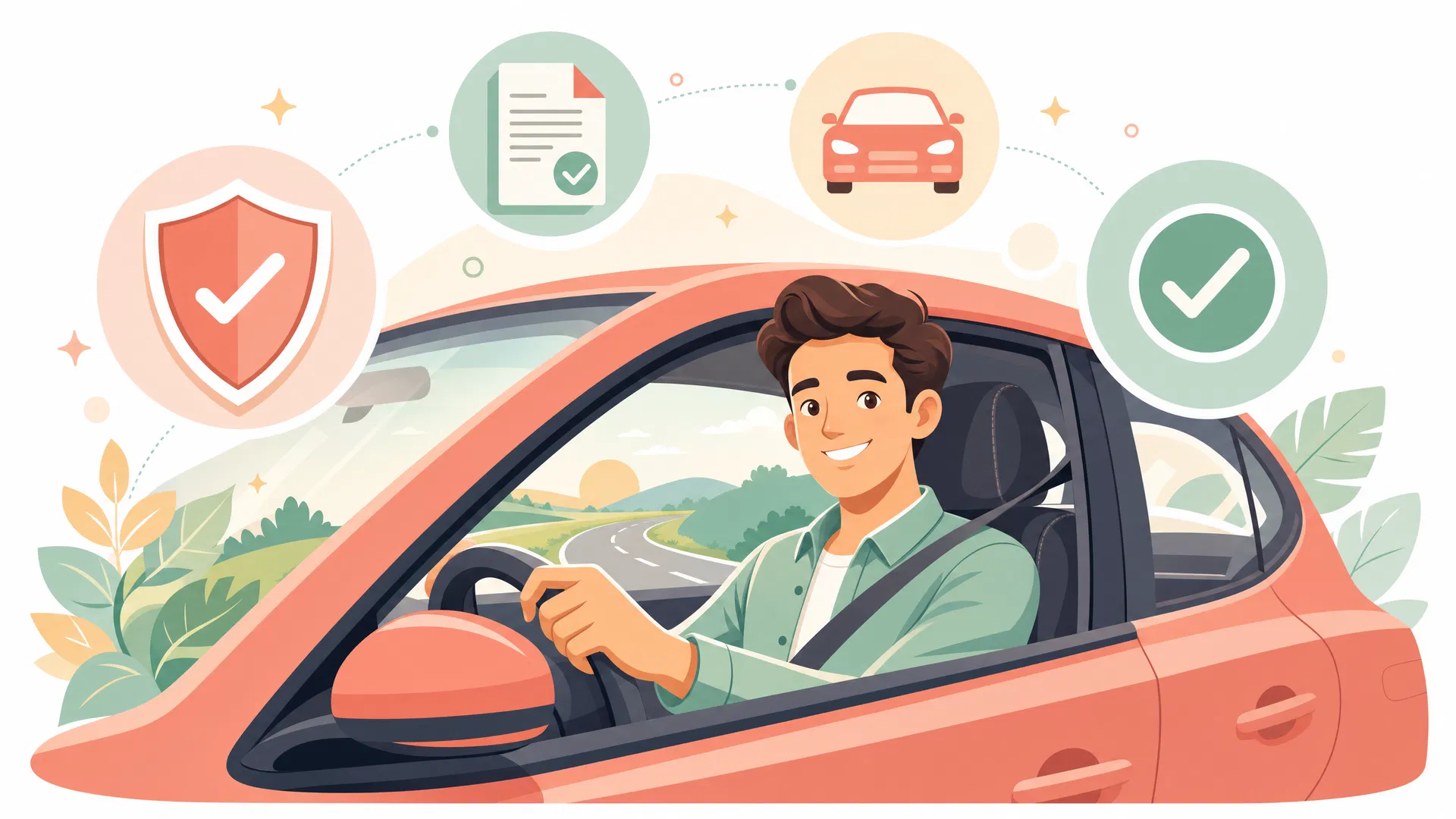 Friendly driver with insurance icons