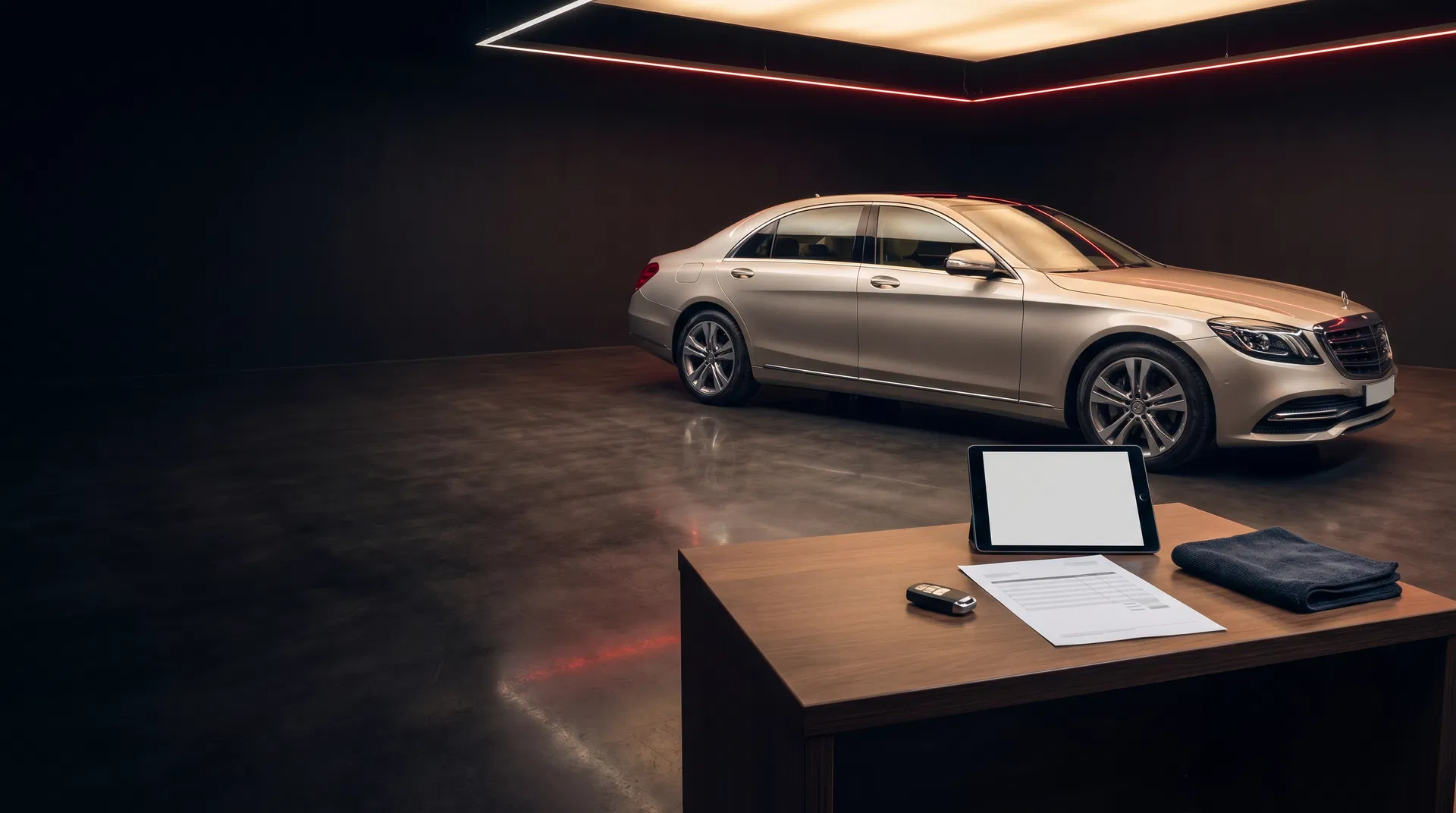 Luxury sedan in a private auto spa consultation bay for quote planning