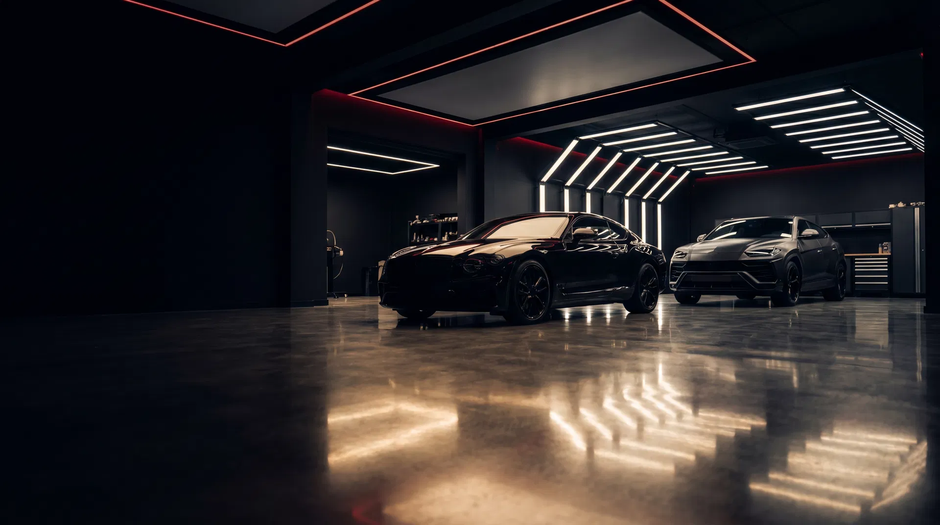 Two luxury vehicles inside a dark red and champagne private detailing showroom