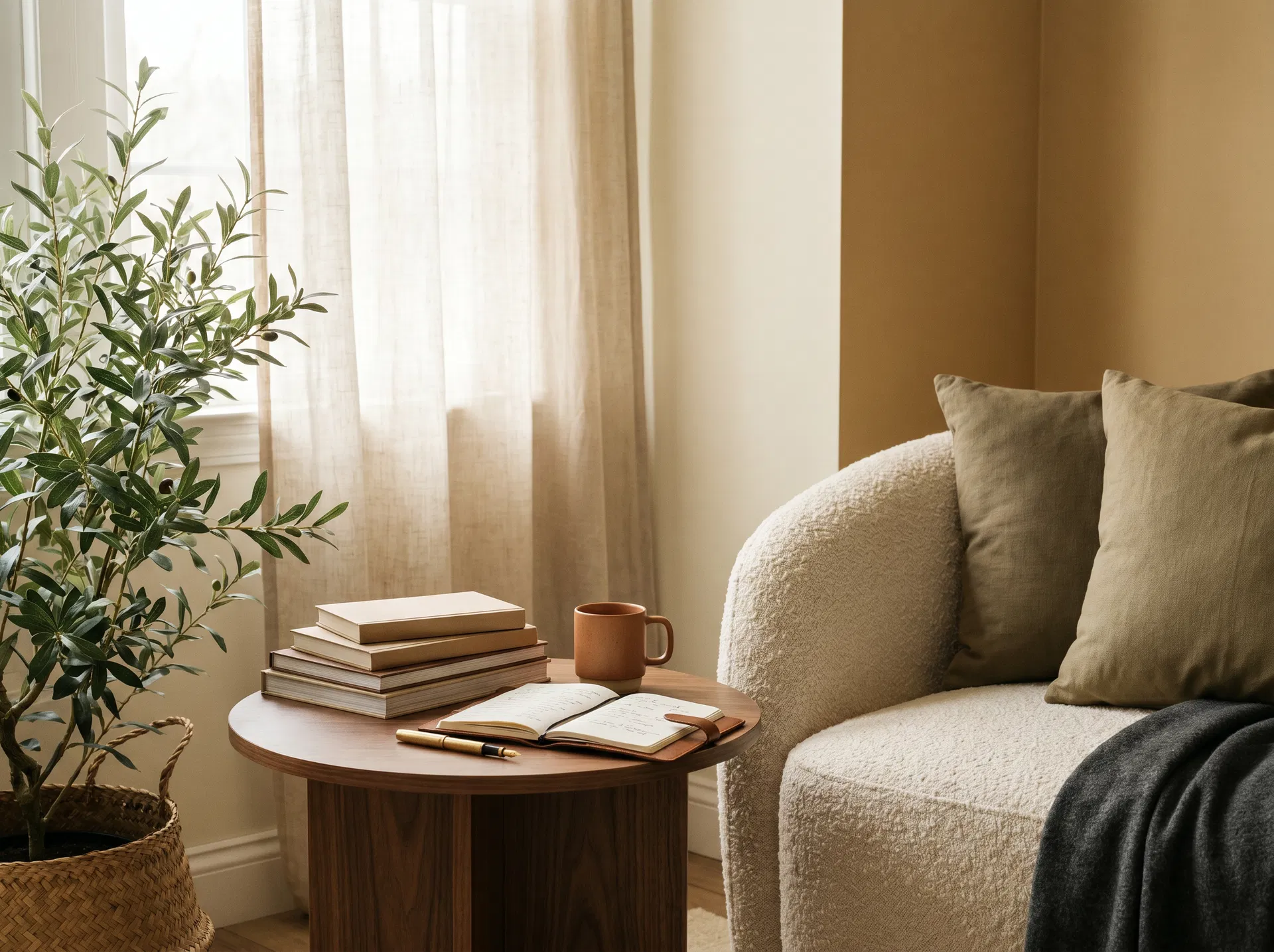 A welcoming strategy corner with books, a notebook, plants, and soft natural light