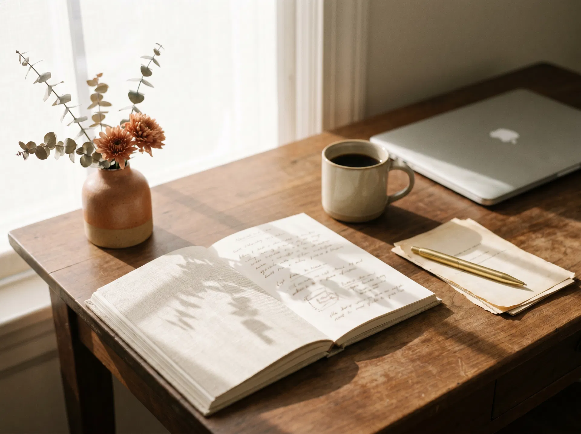 A warm copywriter workspace with a notebook, coffee, flowers, and soft natural light