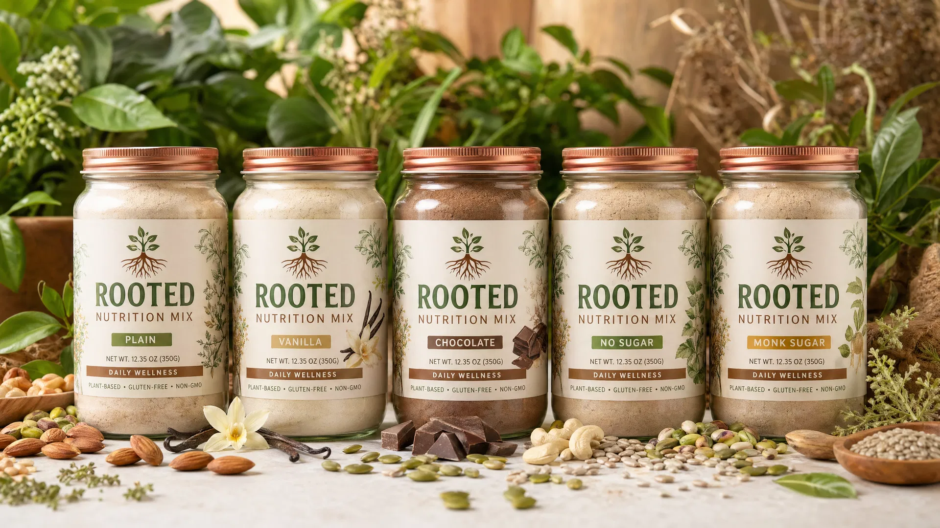 All ROOTED Nutrition Mix Flavors with Authentic Logo