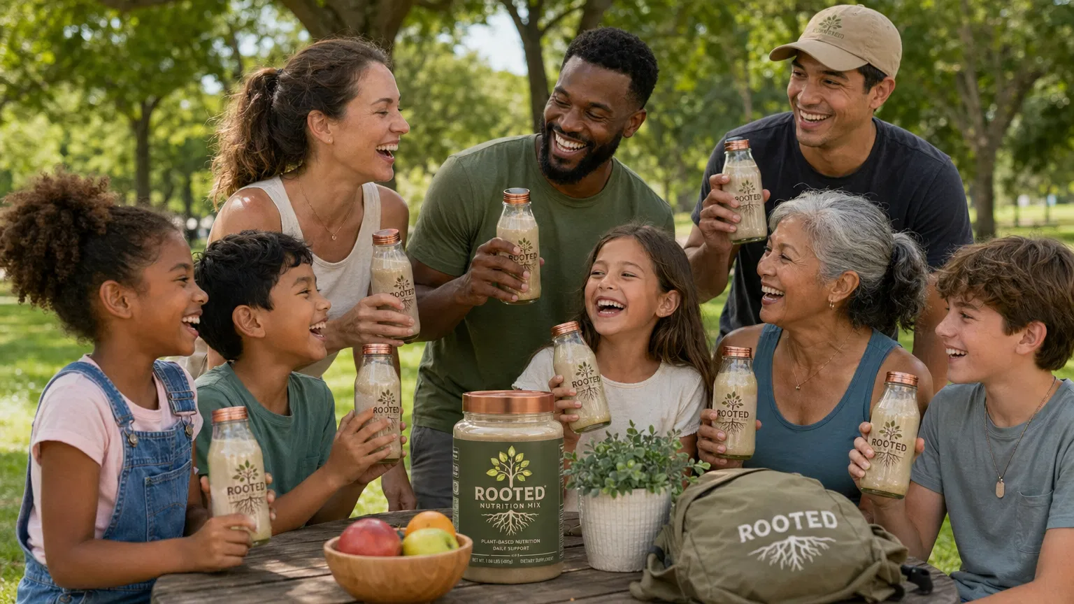 Diverse Family Enjoying ROOTED with Authentic Logo Bottles