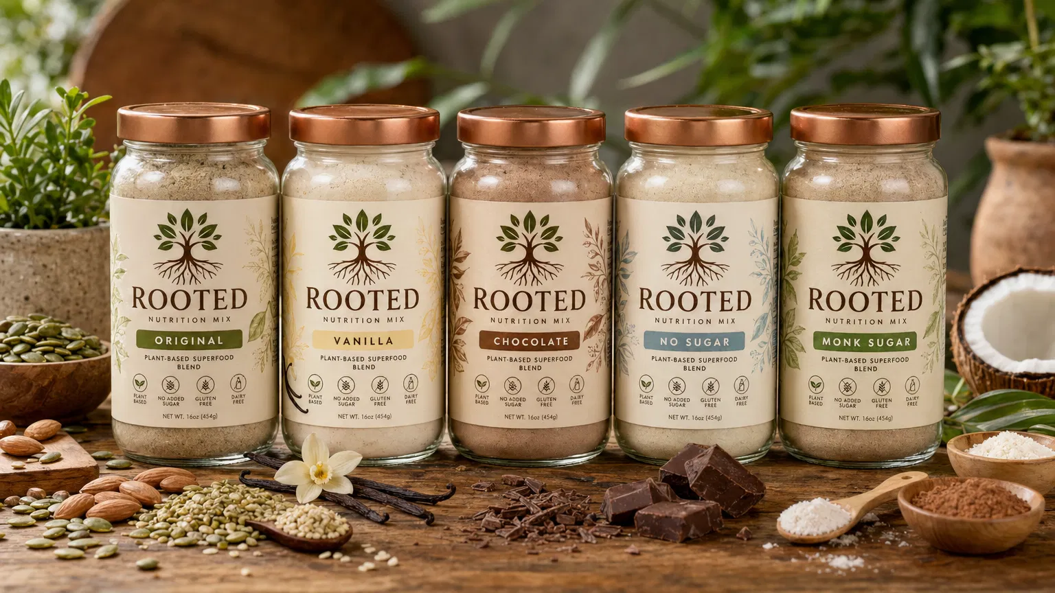 All ROOTED Nutrition Mix Flavors with Authentic Logo