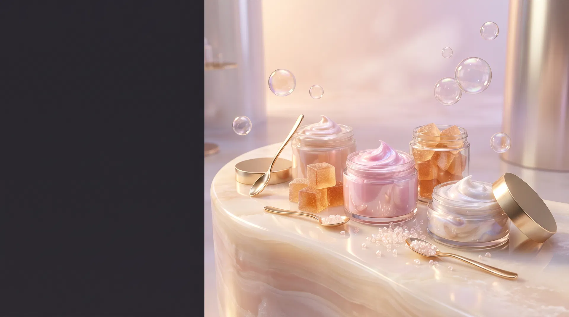 Glossy ELIXHER beauty textures on a blush chrome lab counter