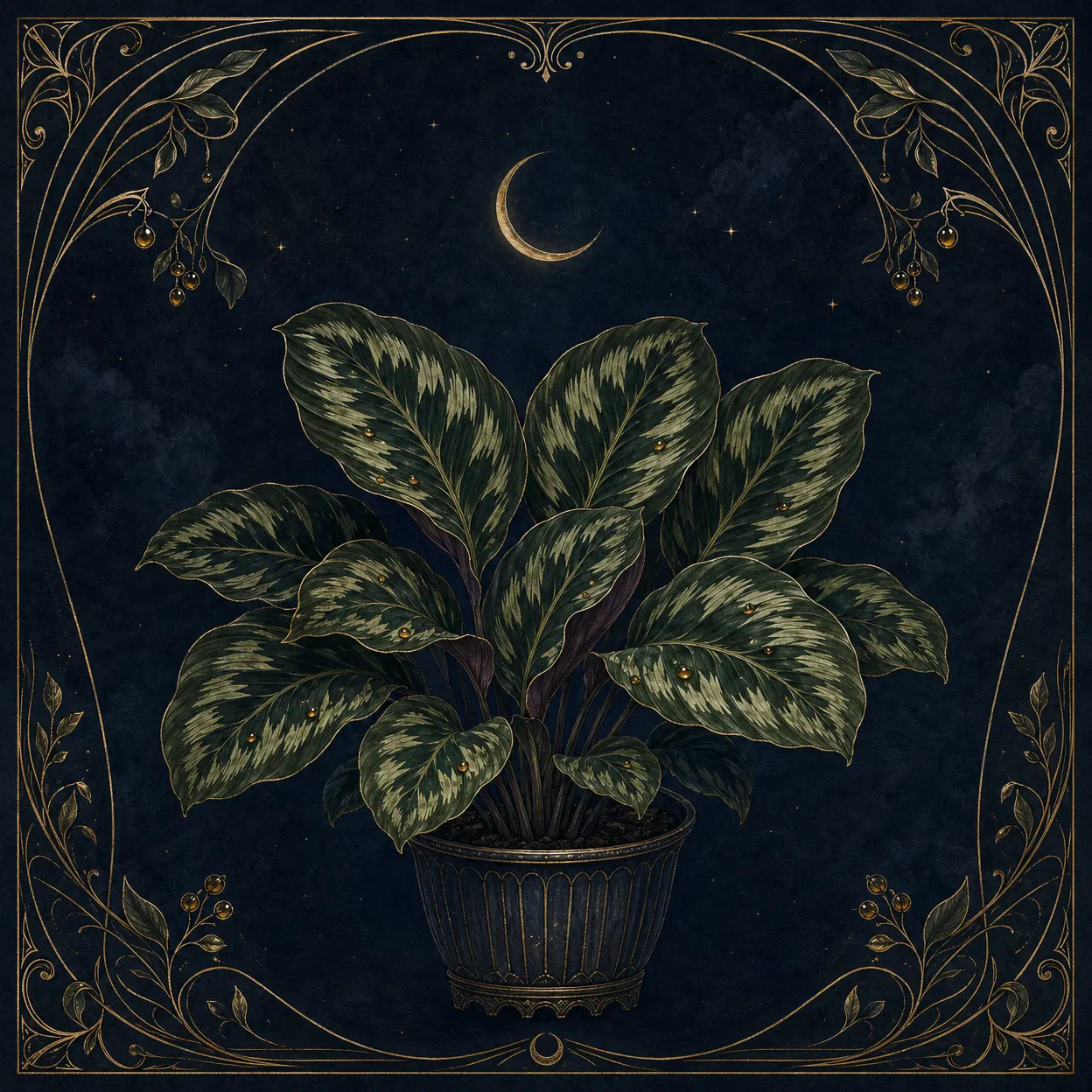 Illustration botanique nocturne d'une plante sous un croissant de lune