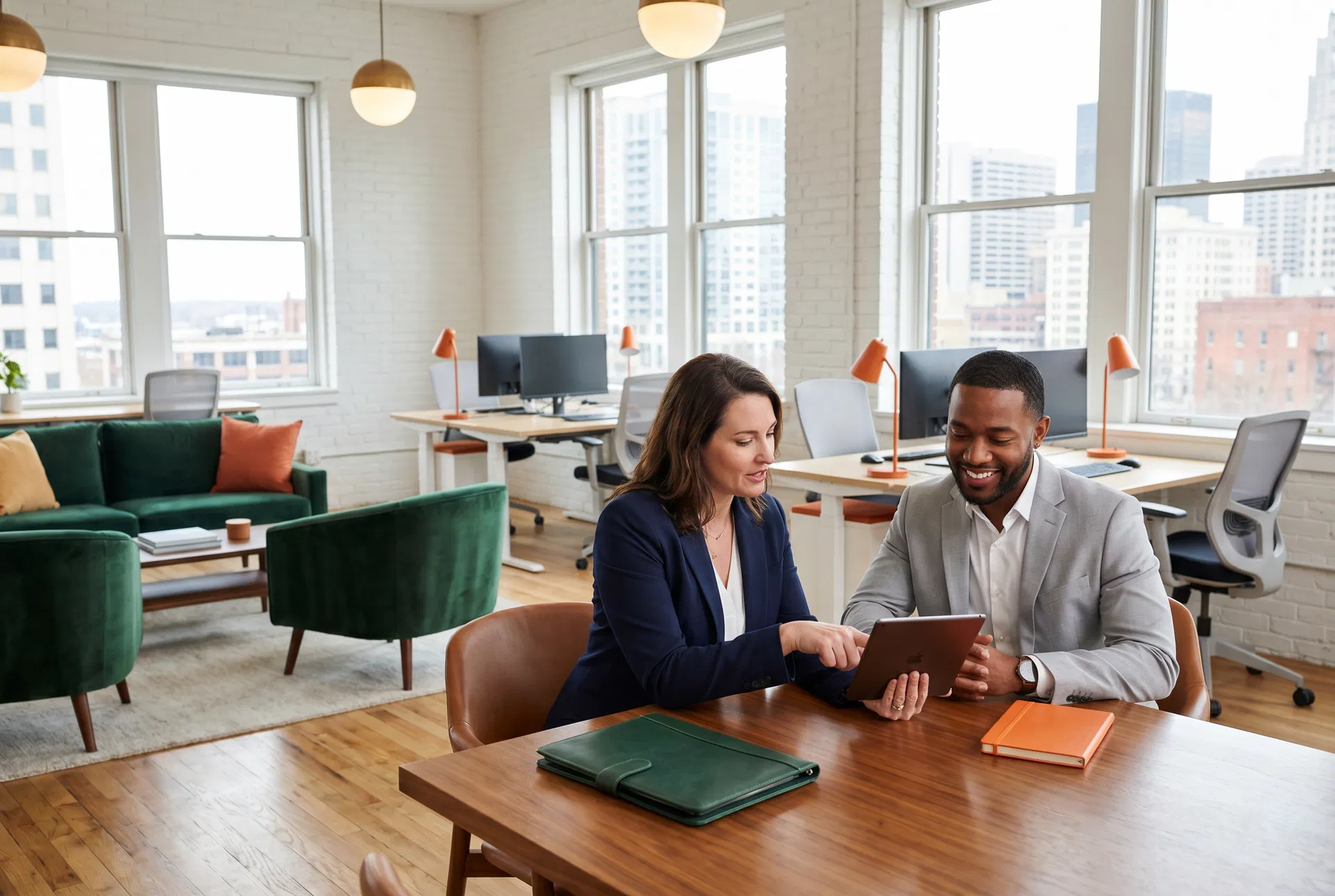 CRE broker reviewing an Easy Spaces furniture plan with a business client