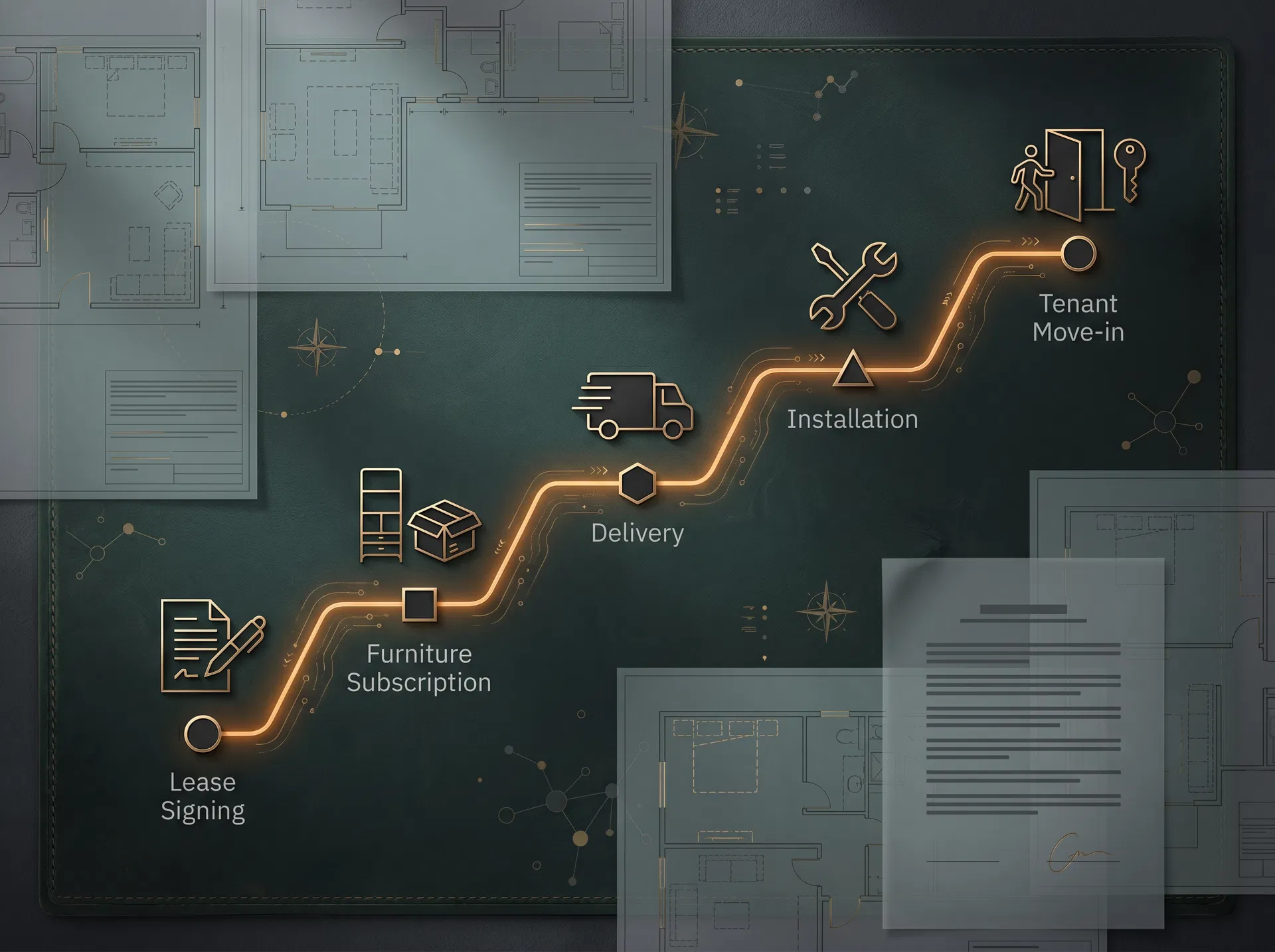 Broker deal-flow route from lease signing through furniture installation and tenant move-in