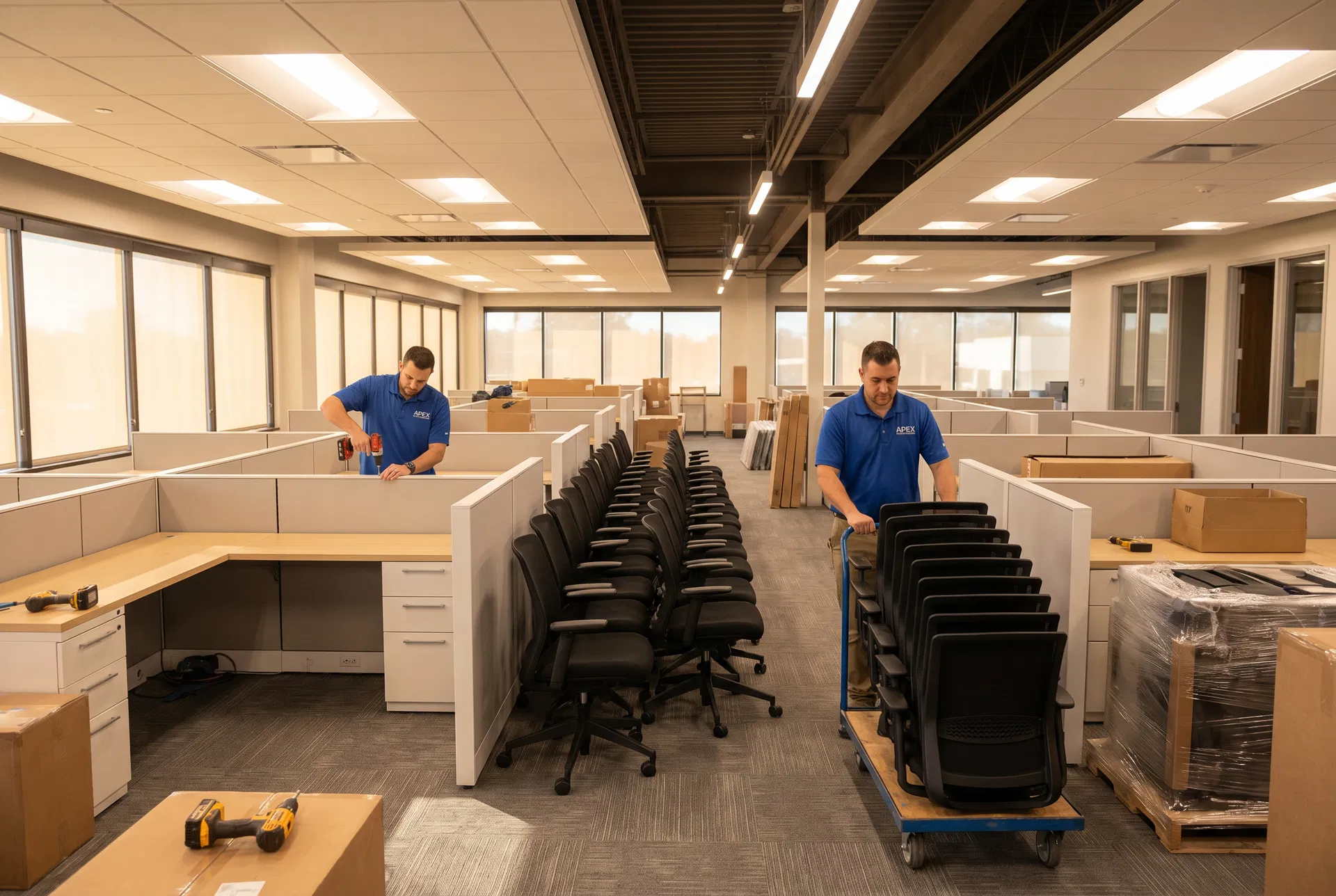 Professional office furniture installation team setting up cubicles and chairs