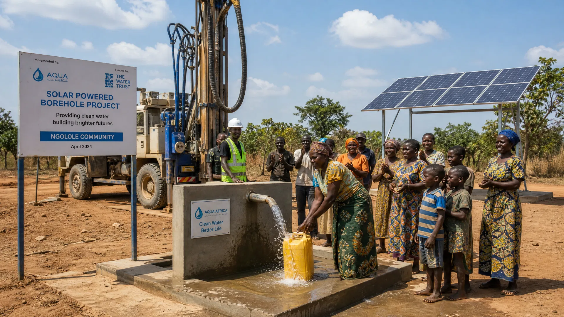Solar-powered borehole installation with community members