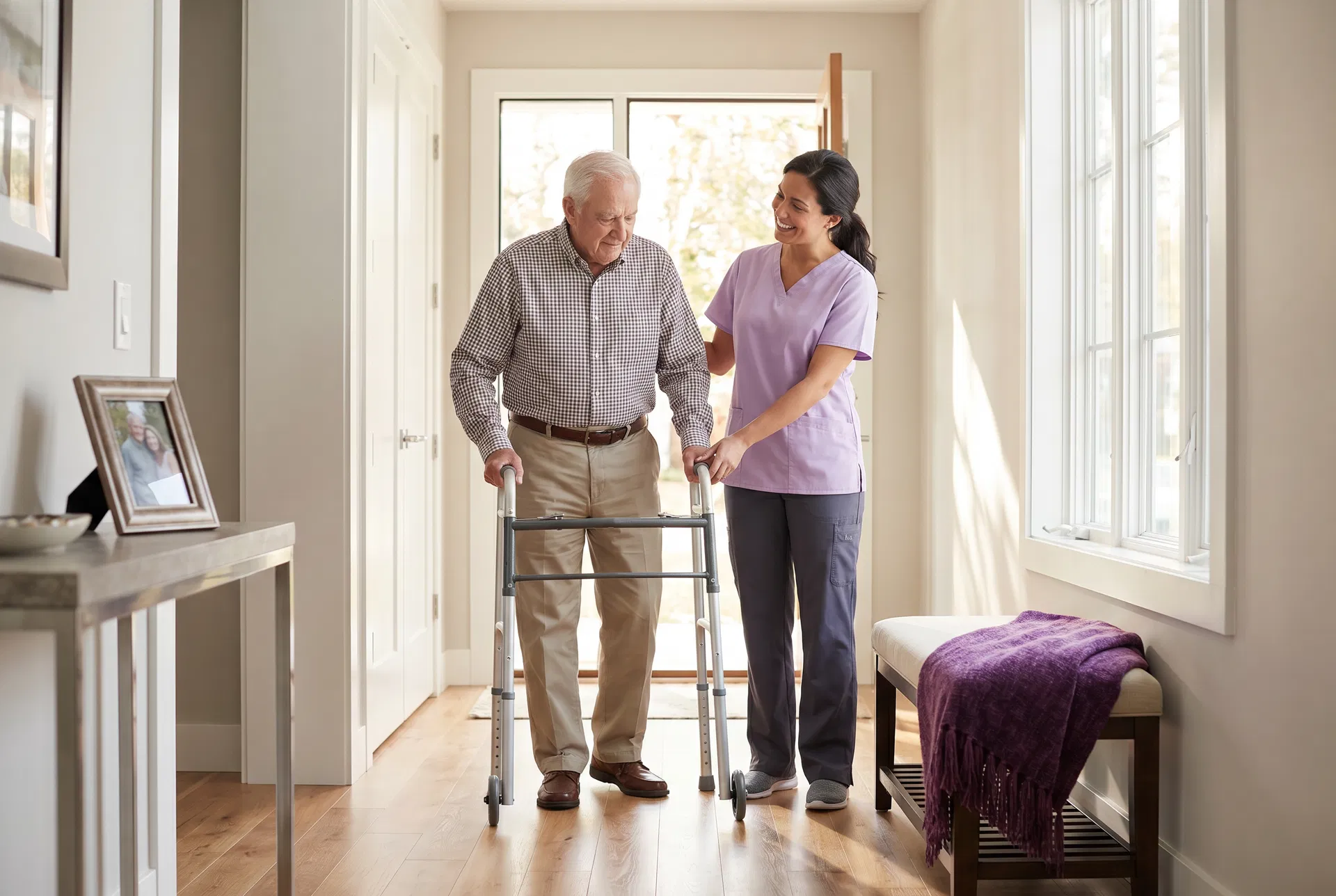 Caregiver assisting elderly man with mobility