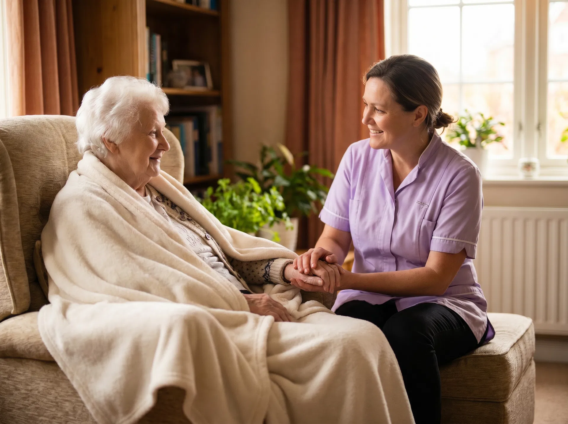 Caregiver comforting a cancer care client at home