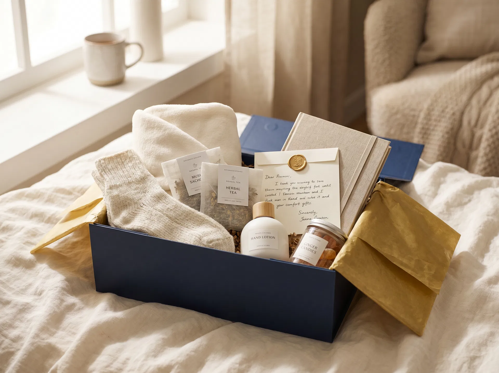 Premium Comfort Package gift box with blanket, tea, socks, and personal note