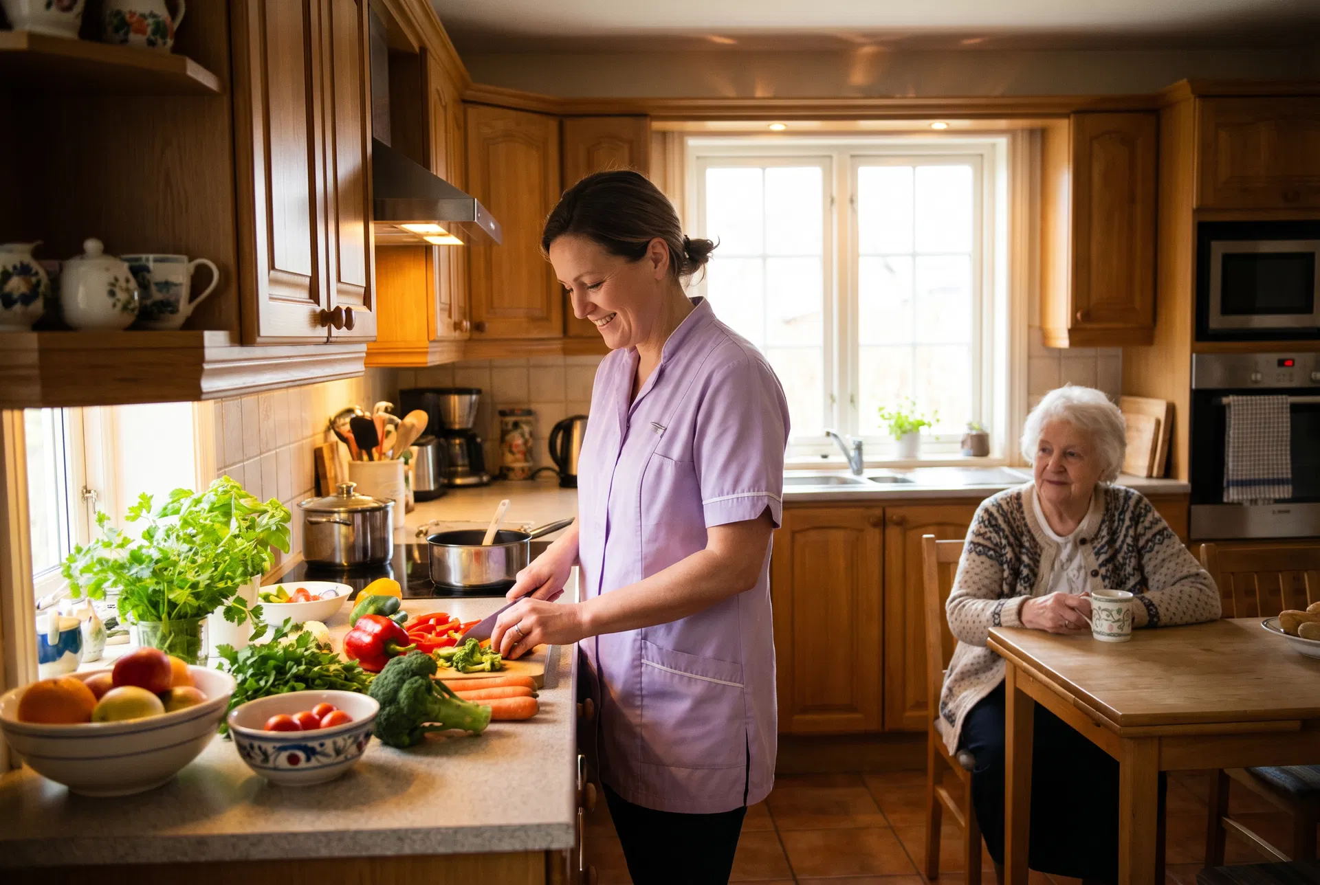 Caregiver preparing a meal for an elderly client