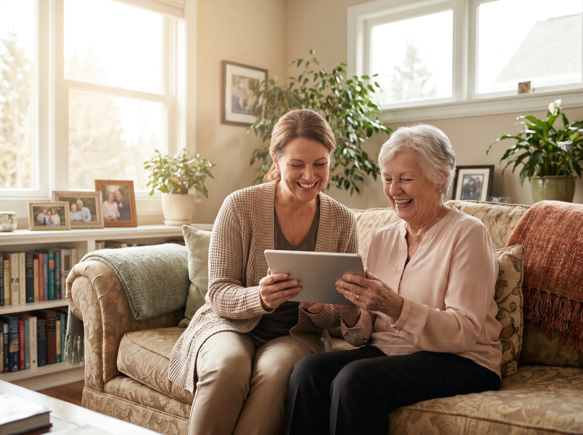 Caregiver and elderly woman enjoying time together on couch