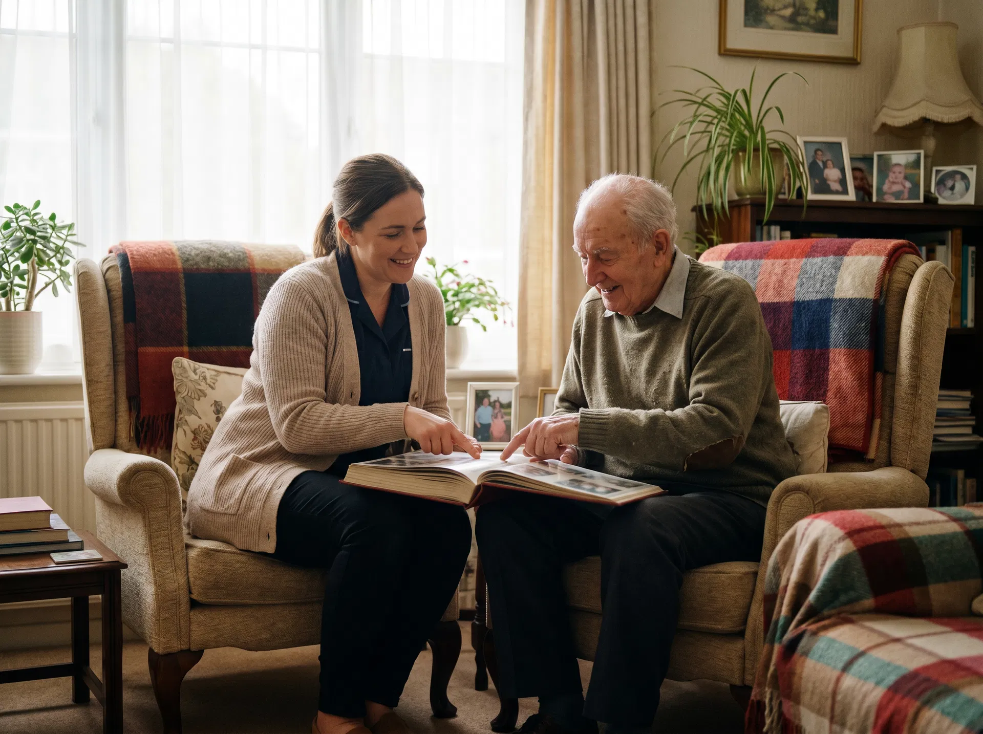 Caregiver looking at photo album with elderly man