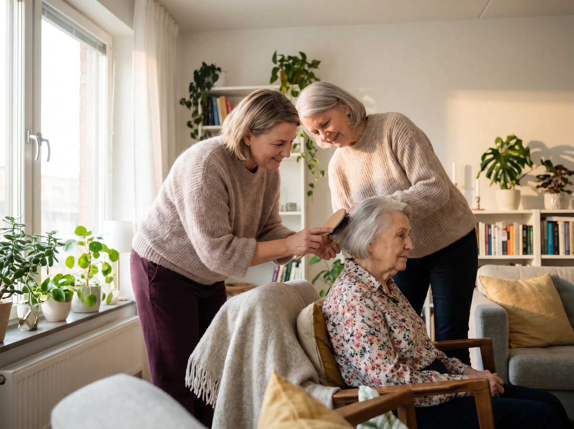 Caregiver assisting elderly woman with grooming