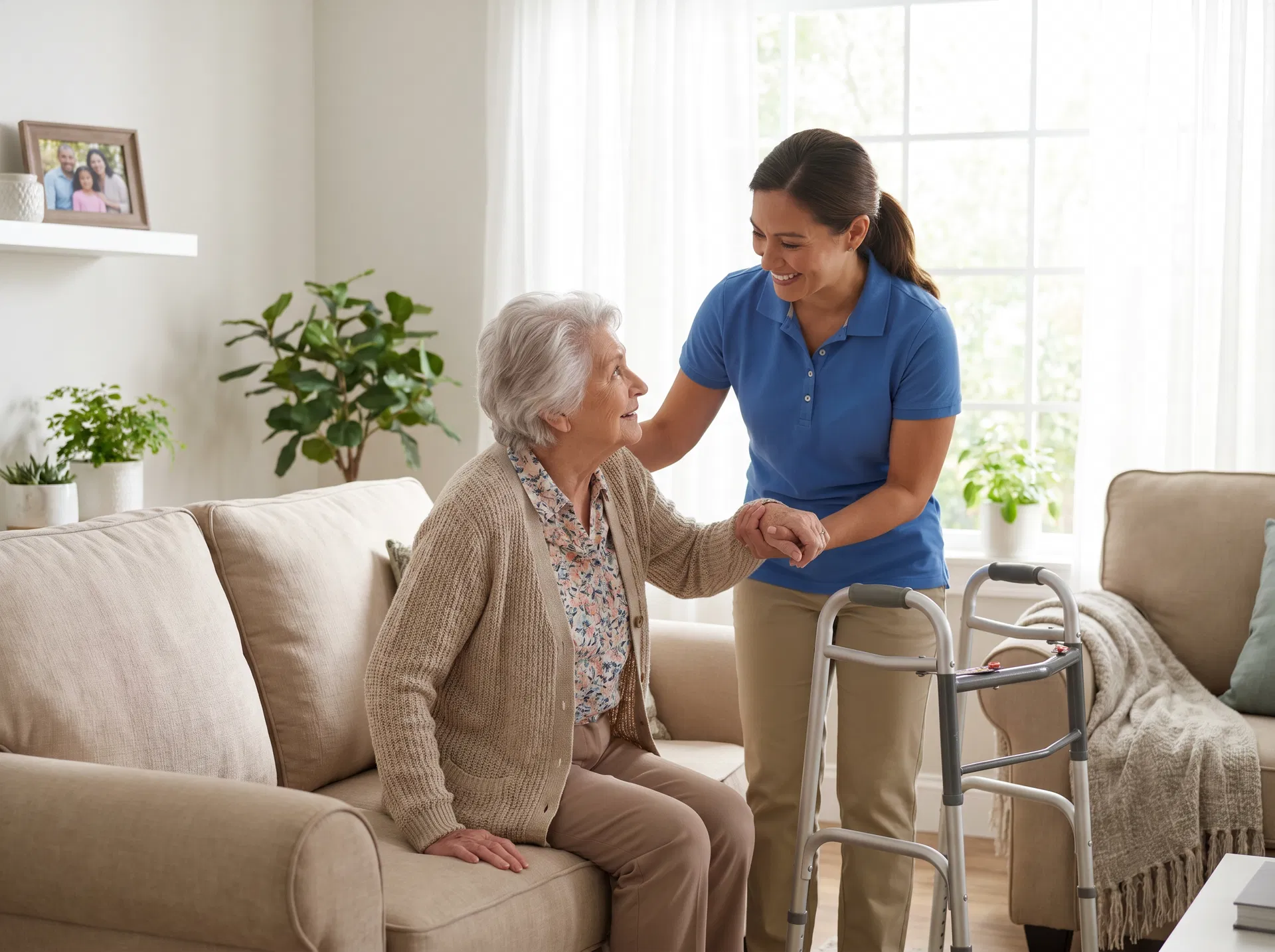 Caregiver helping elderly woman with mobility support