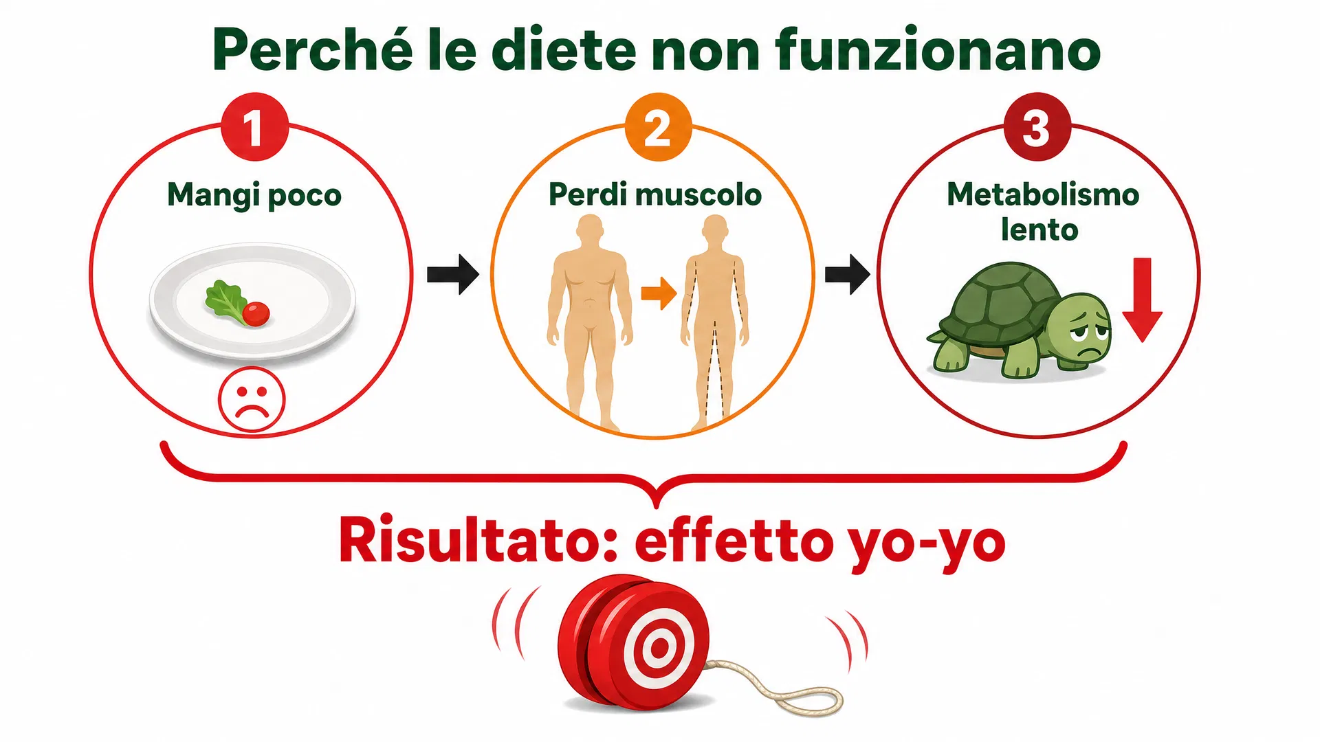 Perché le diete non funzionano: mangi poco → perdi muscolo → metabolismo lento → effetto yo-yo