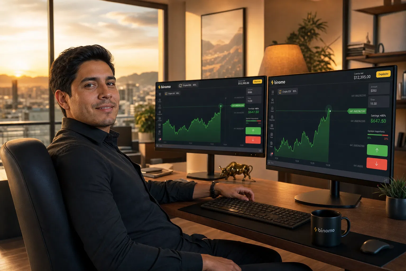 Trader latinoamericano exitoso operando en Binomio/Binomo con doble monitor mostrando gráficos de trading en verde