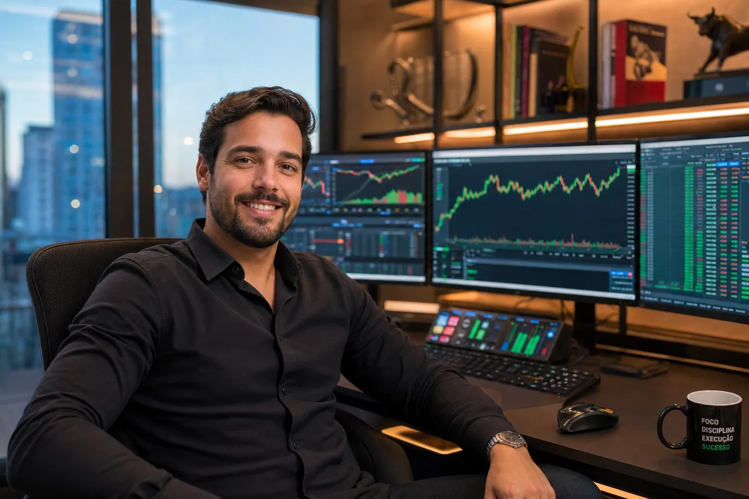 Trader brasileiro bem-sucedido operando na Quotex com múltiplos monitores mostrando gráficos de trading