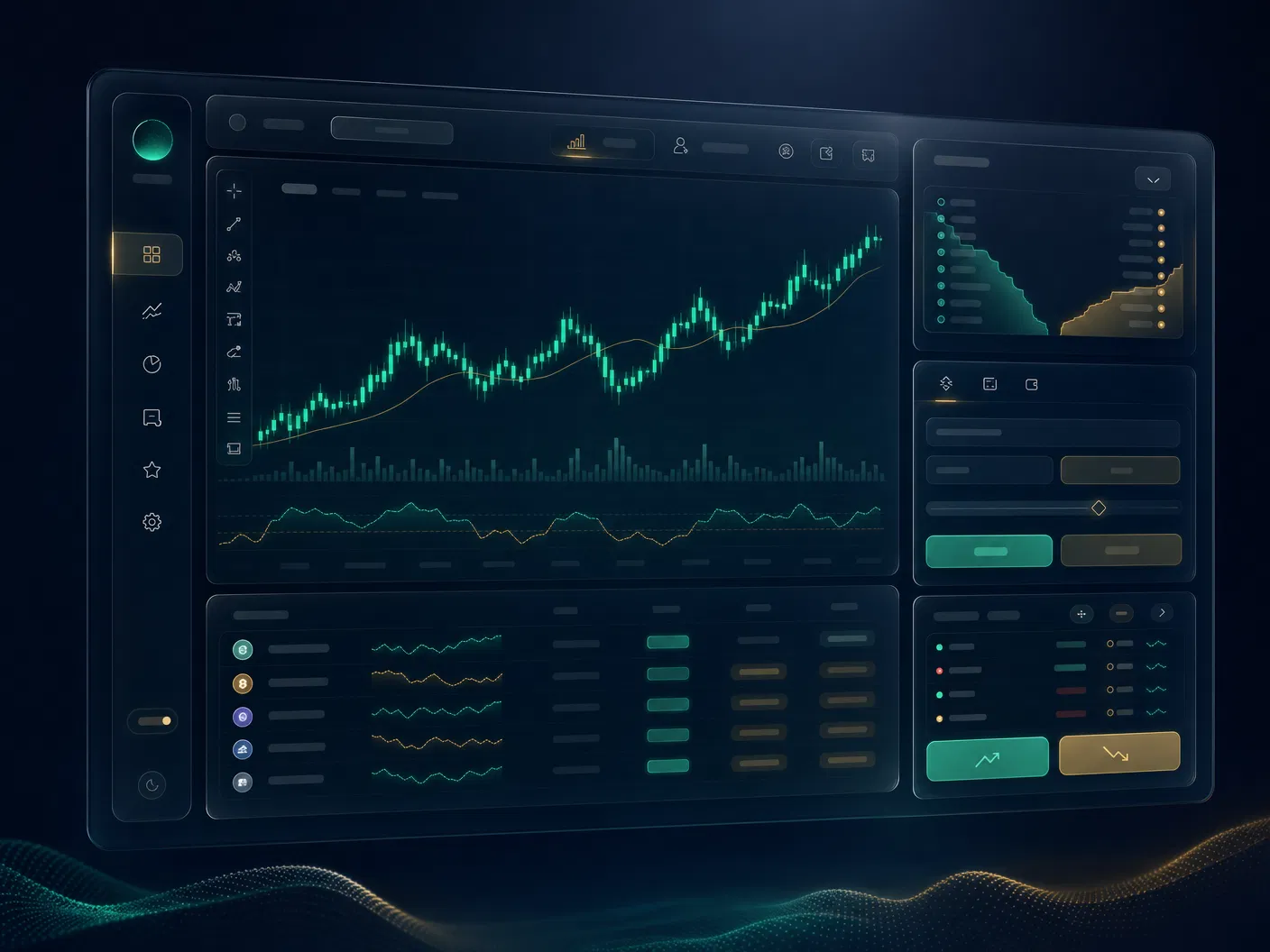 Dark glassmorphism trading dashboard illustration