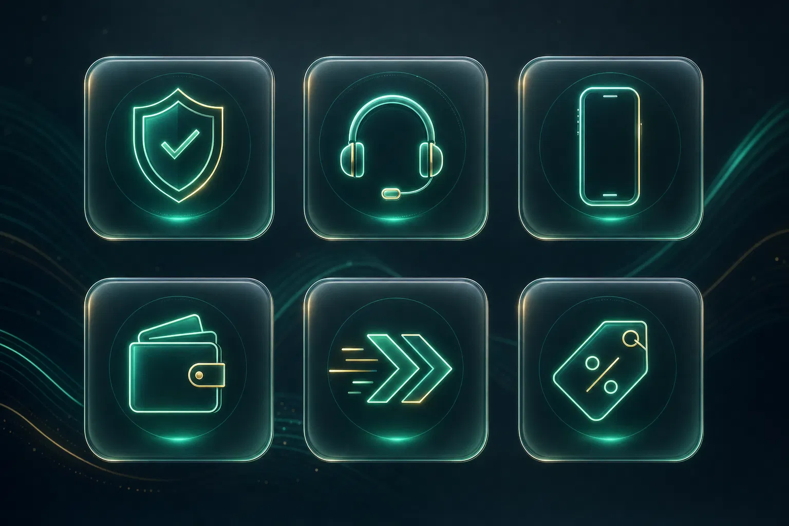 Glassmorphism icons for security, support, mobile, wallet, speed, and fees