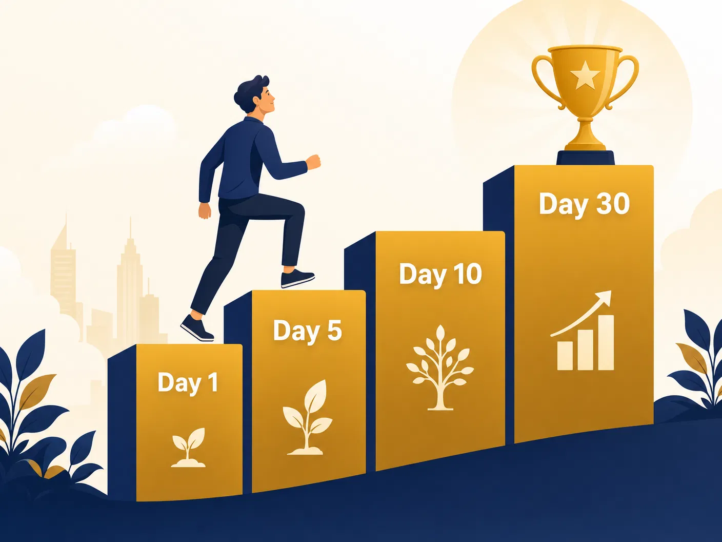 Infographic showing trading growth journey from Day 1 to Day 30