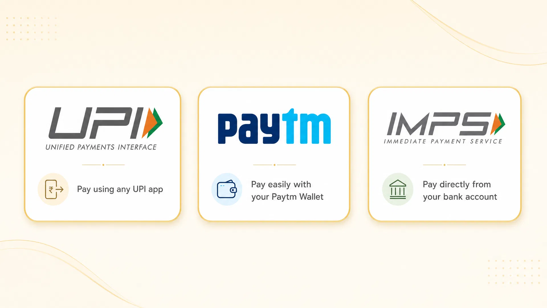 Metode pembayaran: UPI, Paytm, IMPS