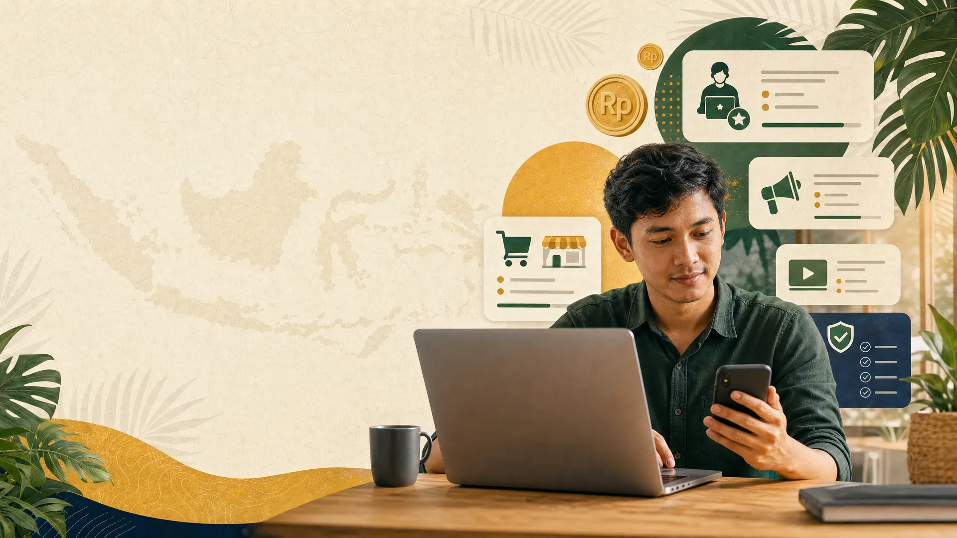 Ilustrasi pekerja online Indonesia dengan kartu peluang digital