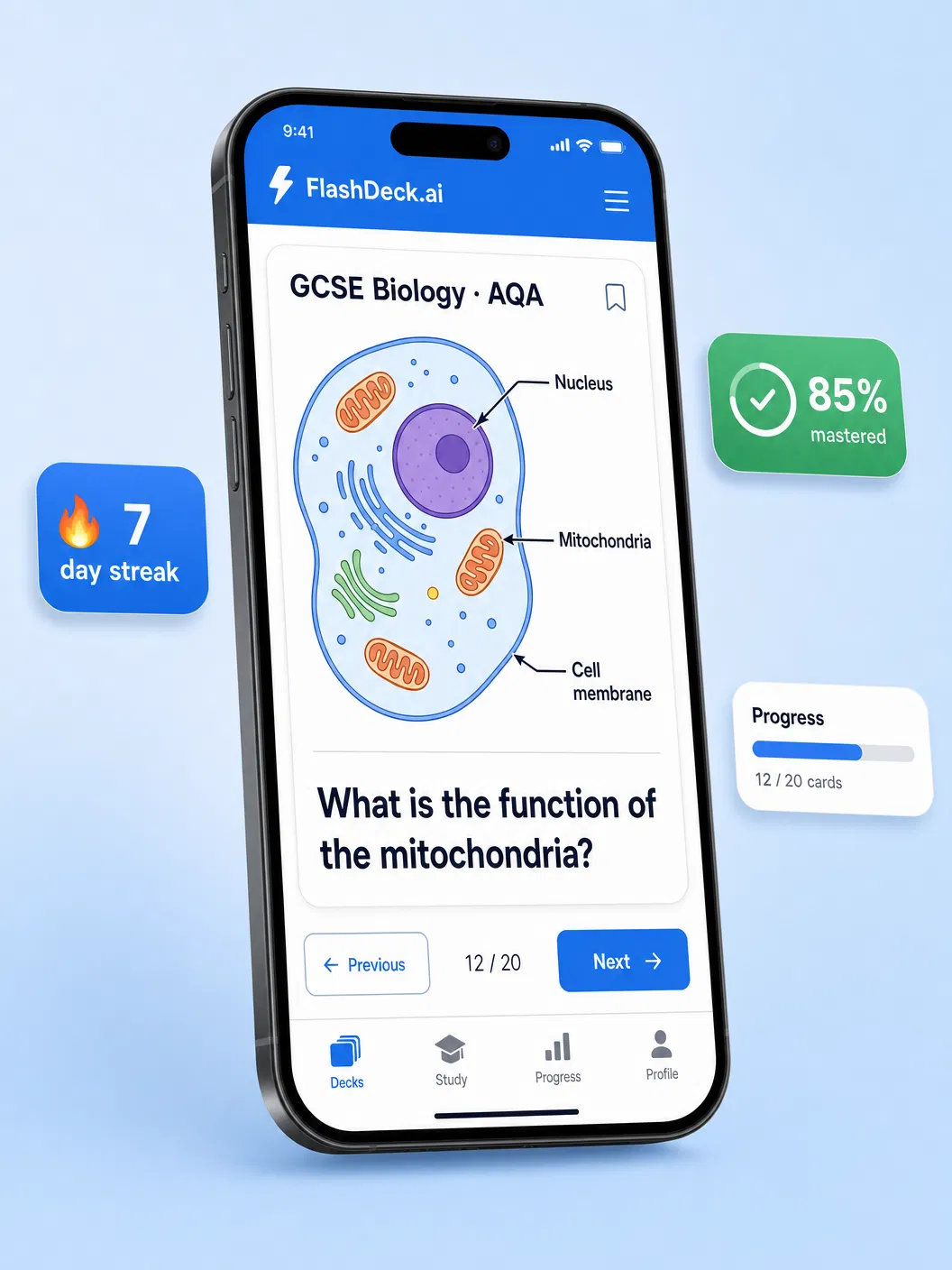 FlashDeck app on mobile showing GCSE Biology flashcard with animal cell diagram