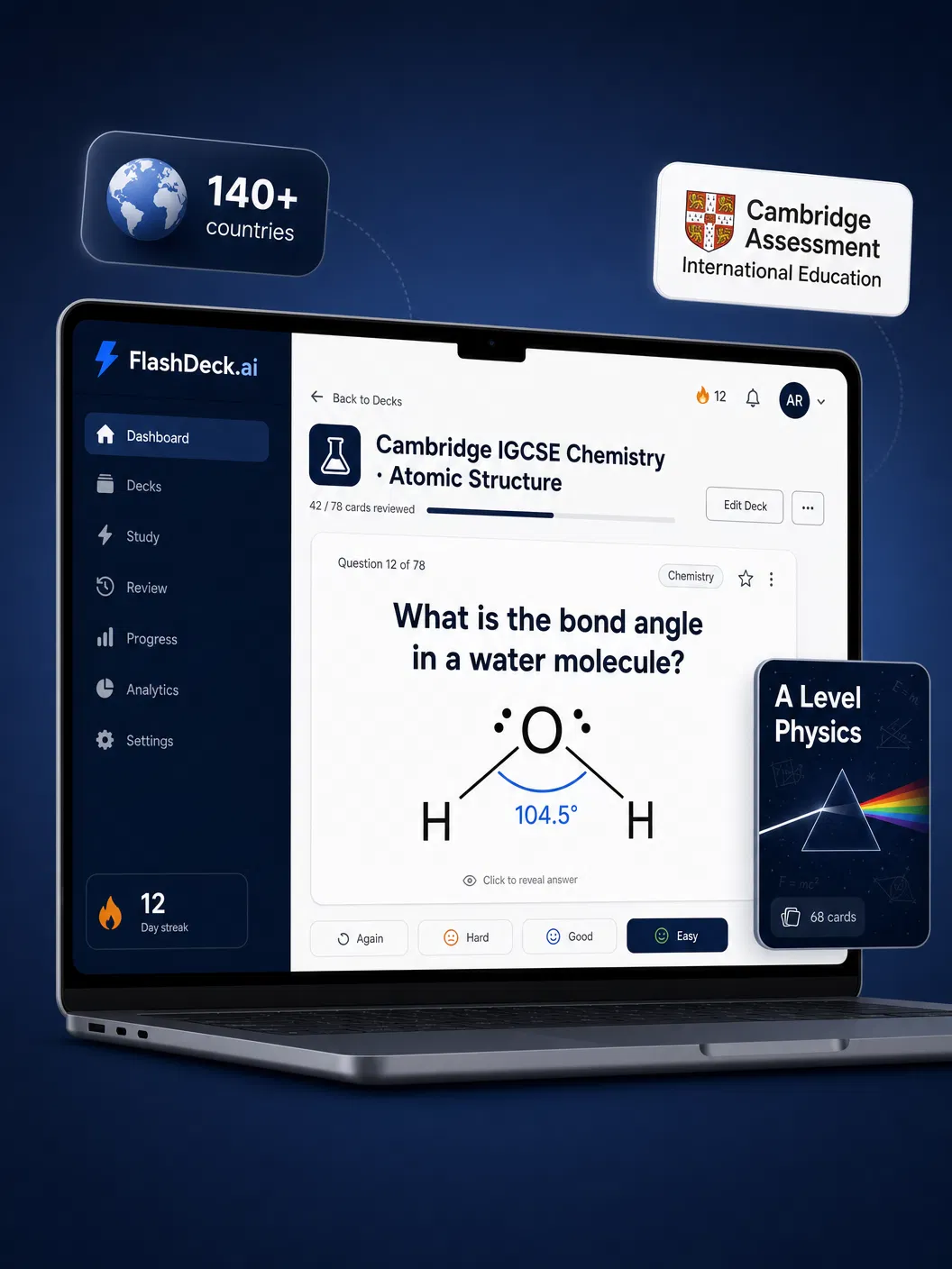 FlashDeck app on laptop showing Cambridge IGCSE Chemistry flashcard with molecular diagram