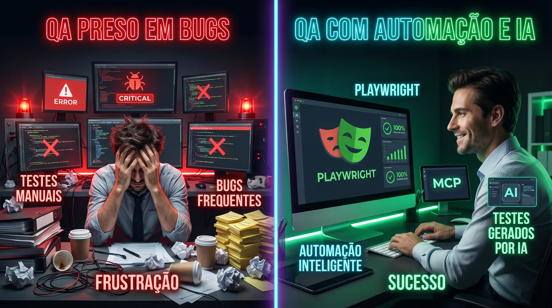 QA Trabalhando com Erro de Bug vs QA Trabalhando com Automação MCP + Playwright