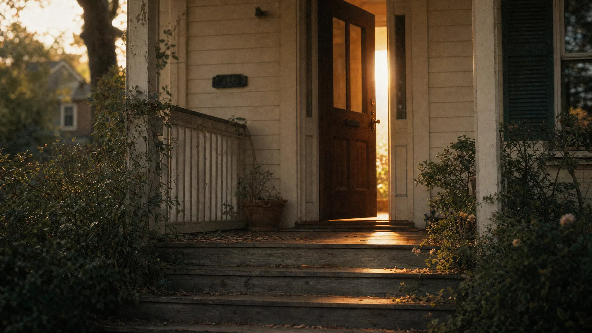 A family home's front door, warm light spilling through