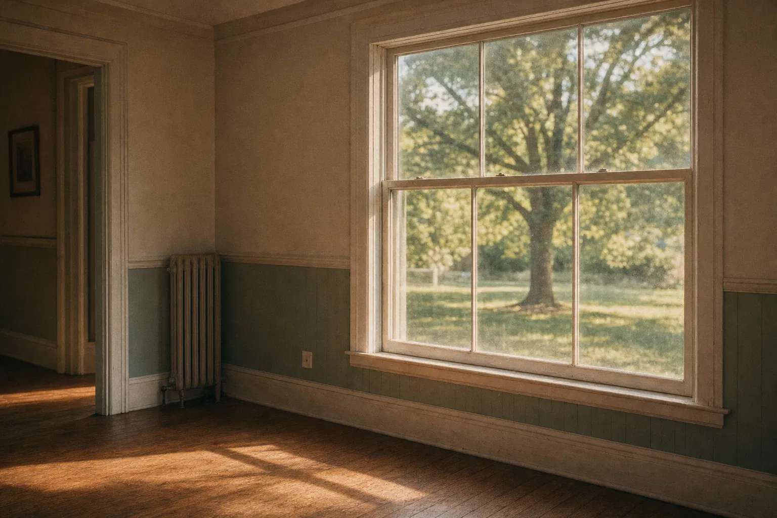 Empty room with warm light through a window