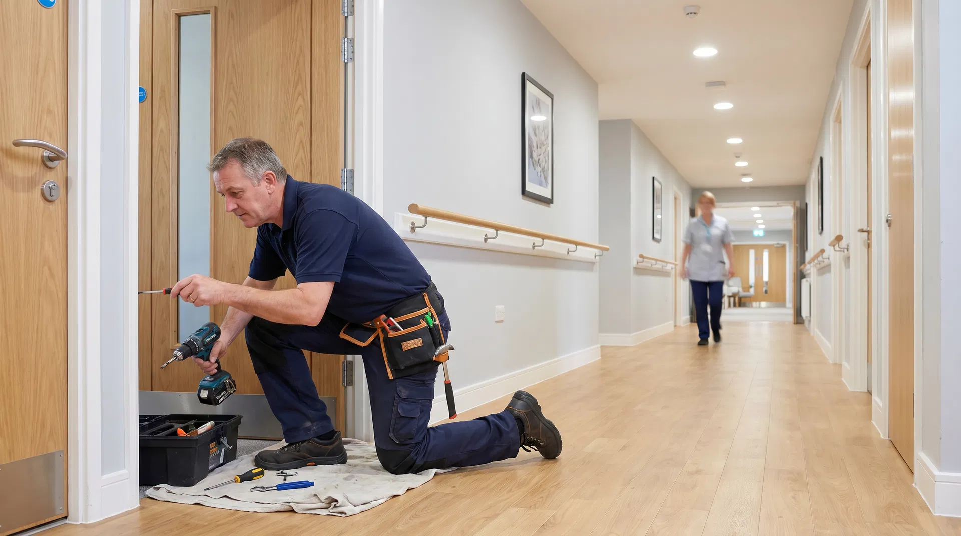 Skilled tradesperson performing maintenance in a care home
