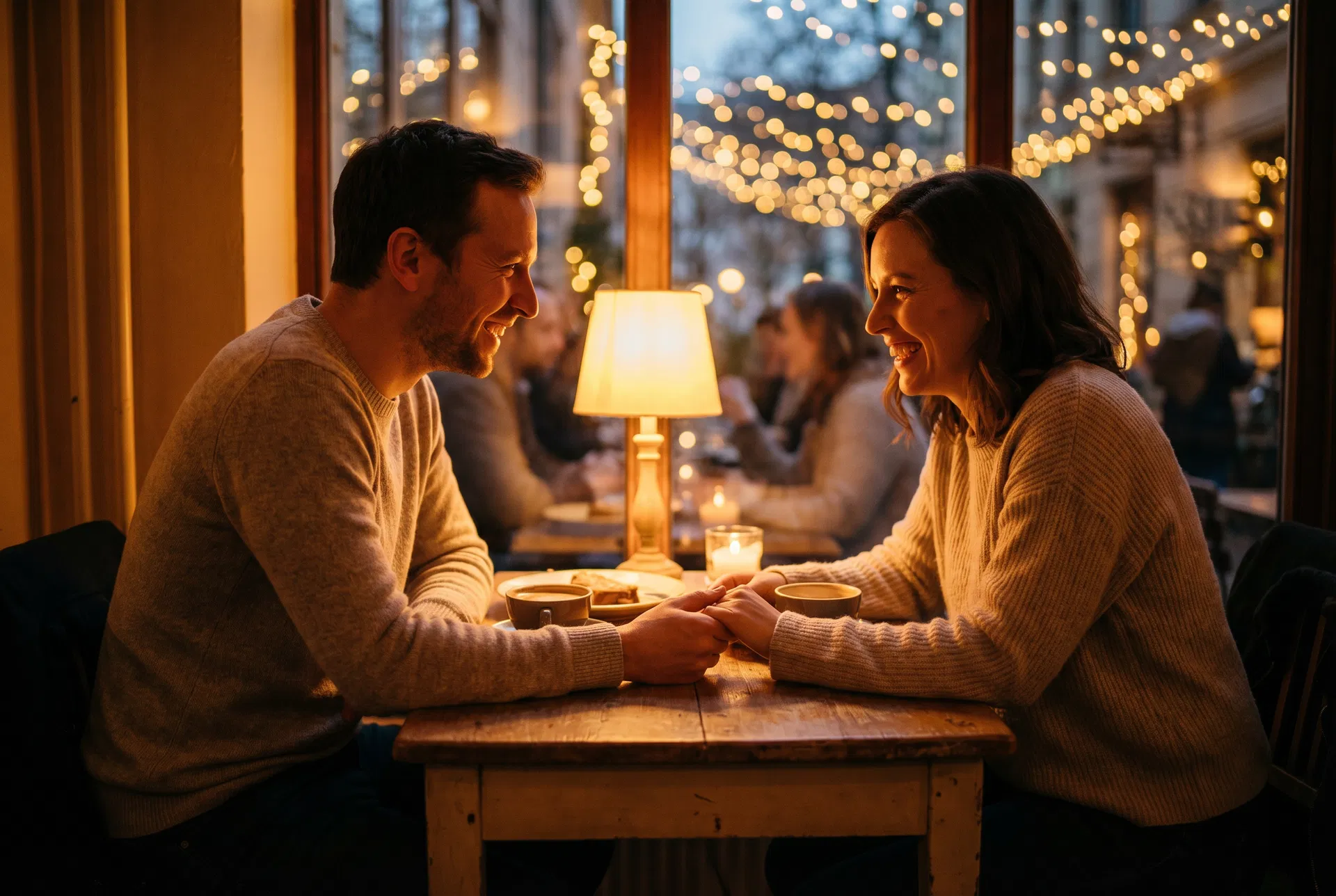 Two people reconnecting at a warmly lit café