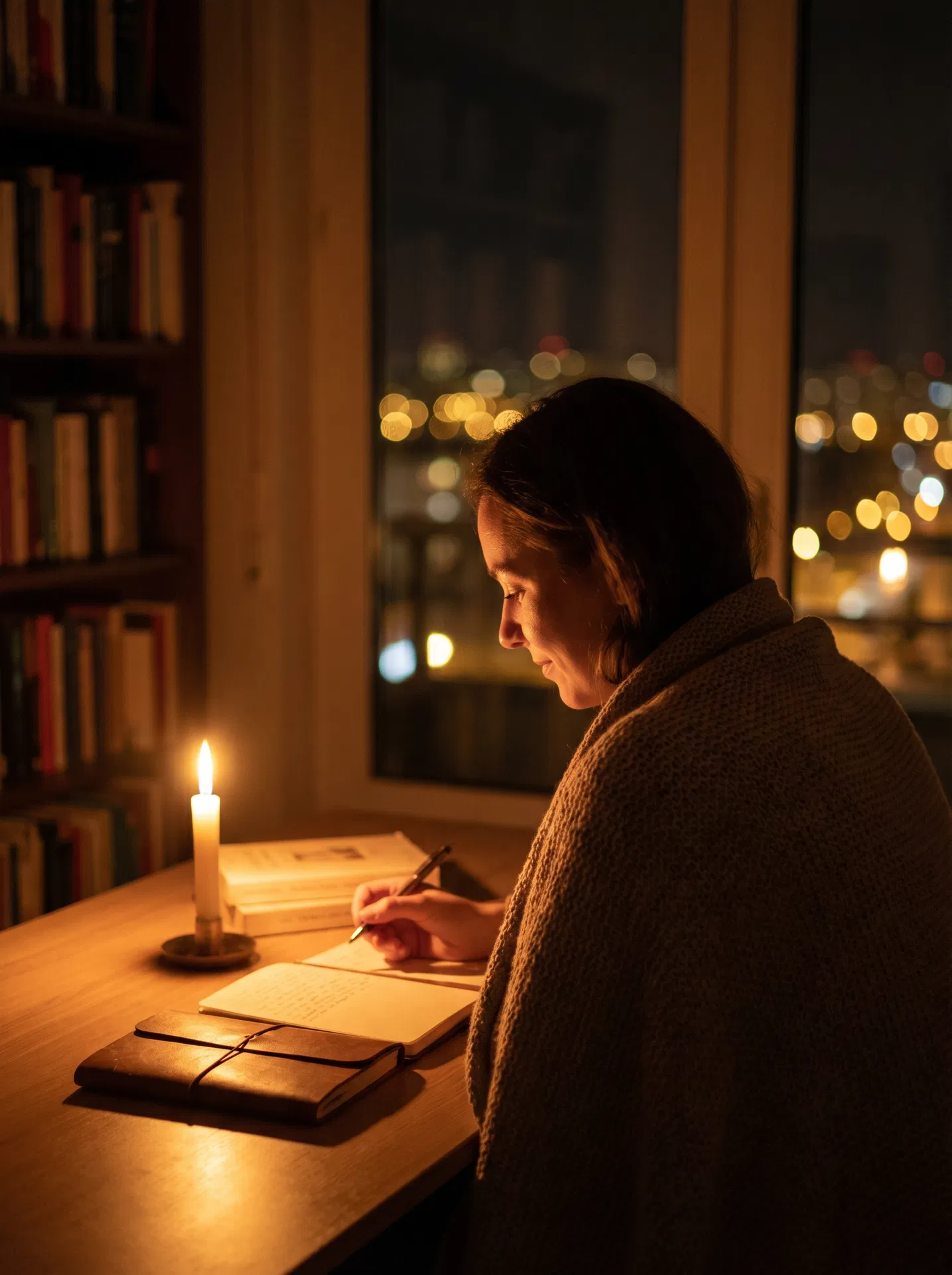 A person reflecting and journaling by candlelight