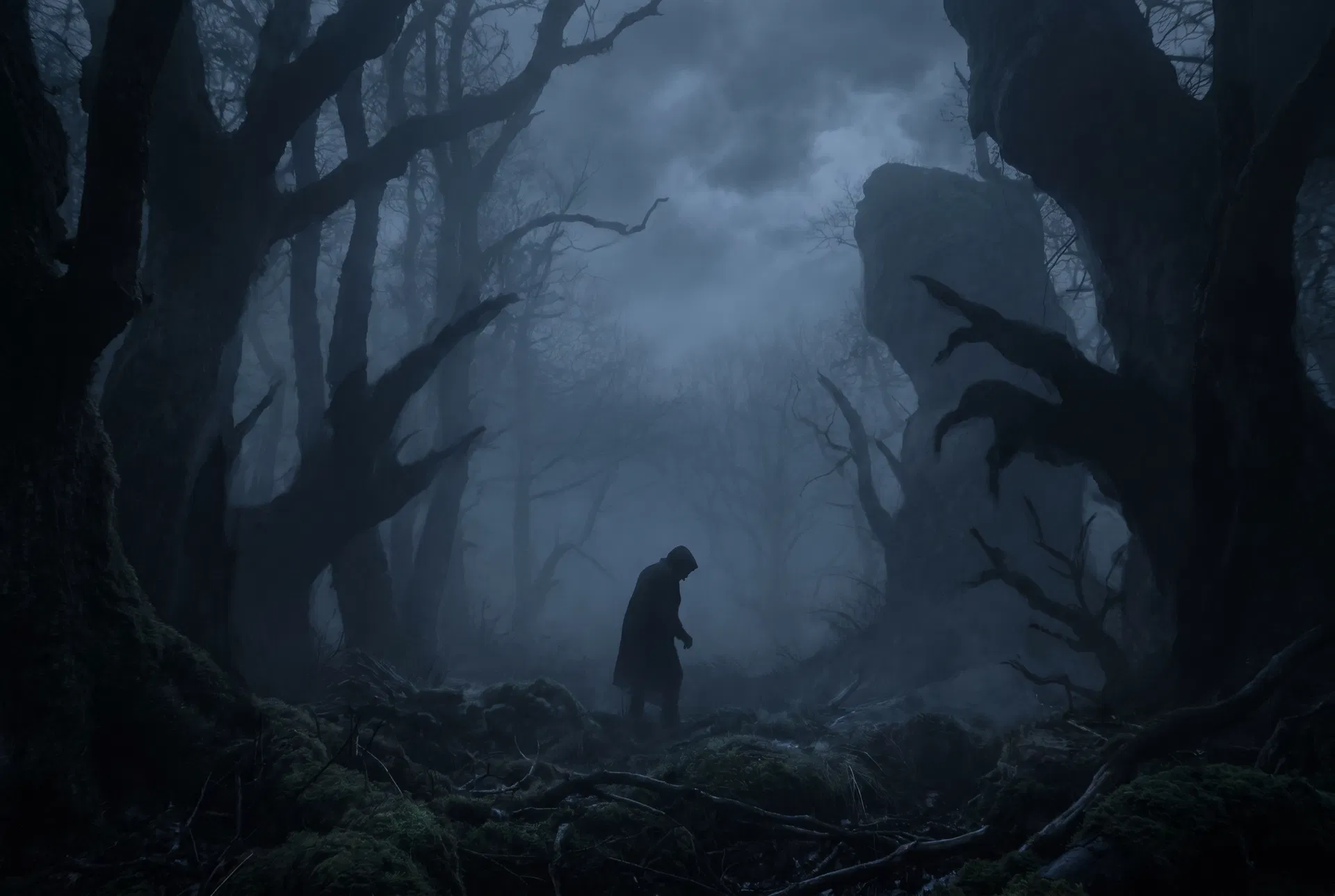 A lone figure in a dark misty forest, surrounded by looming shadows — the weight of fear