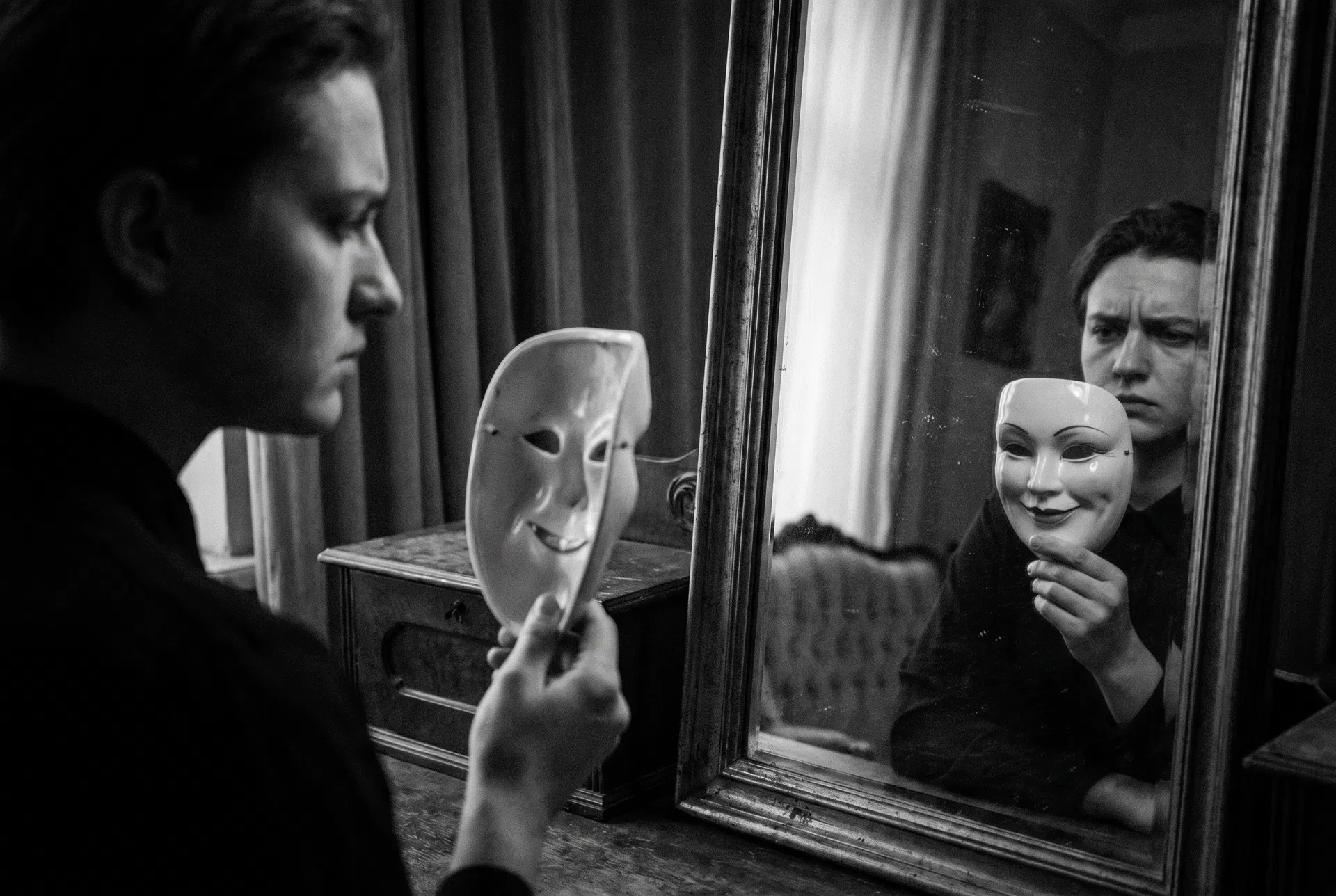 A person holding a smiling mask while their true expression is pensive and searching