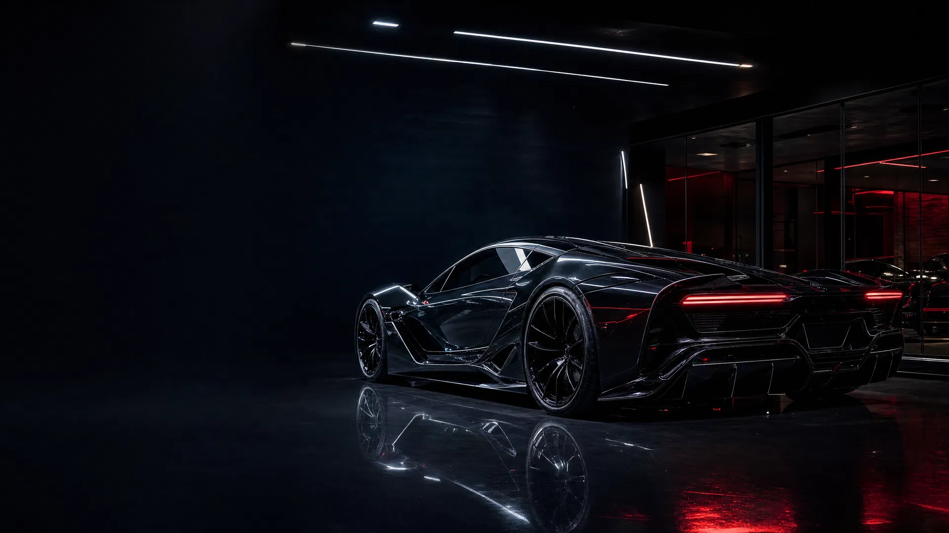 Dark cinematic hypercar showroom