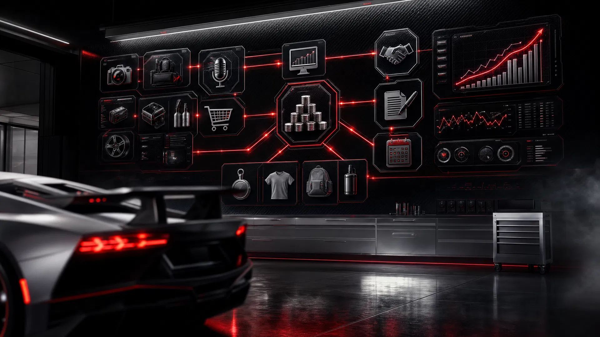 Revenue planning wall in a dark performance garage
