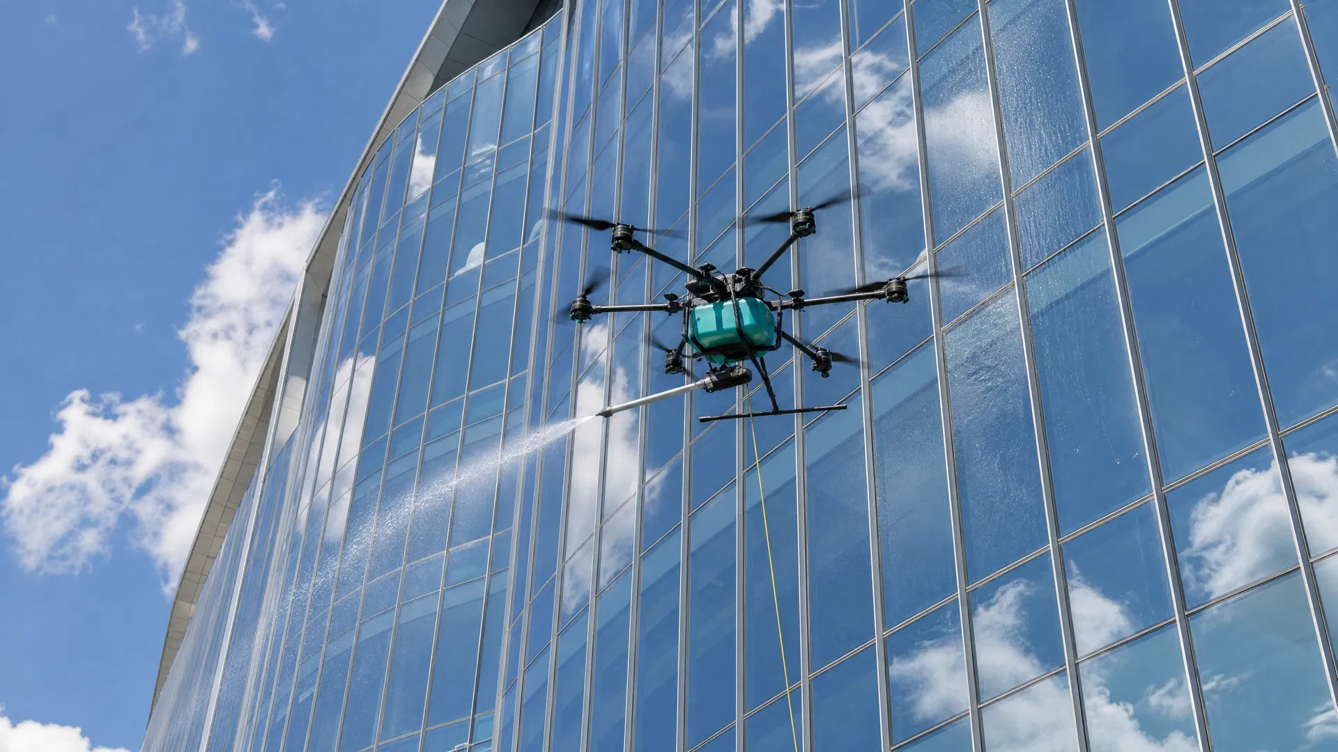 Spotless Canada drone cleaning the glass facade of a commercial building