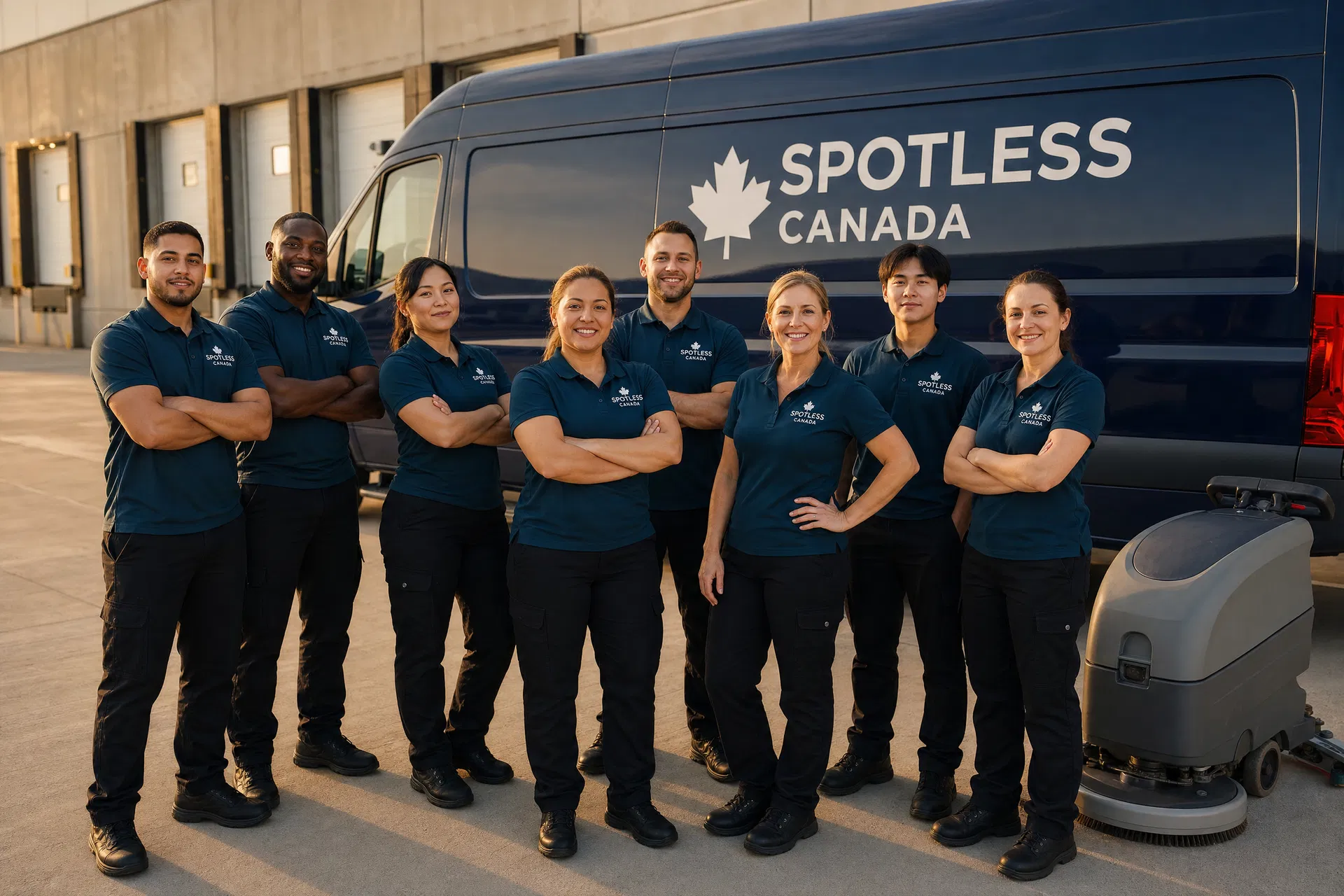 Spotless Canada crew members in branded uniforms beside a company van and floor scrubber