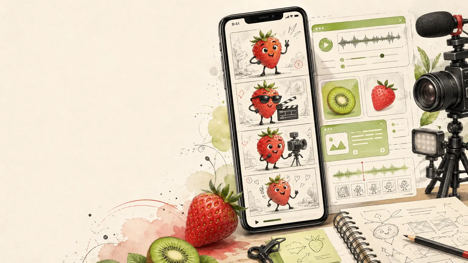 Estudio creativo de vídeos IA con frutas antropomórficas